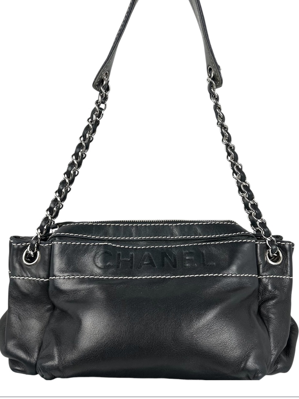 CHANEL Black Lambskin Leather Chain Shoulder Bag Logo Embossed Contrast Stitch